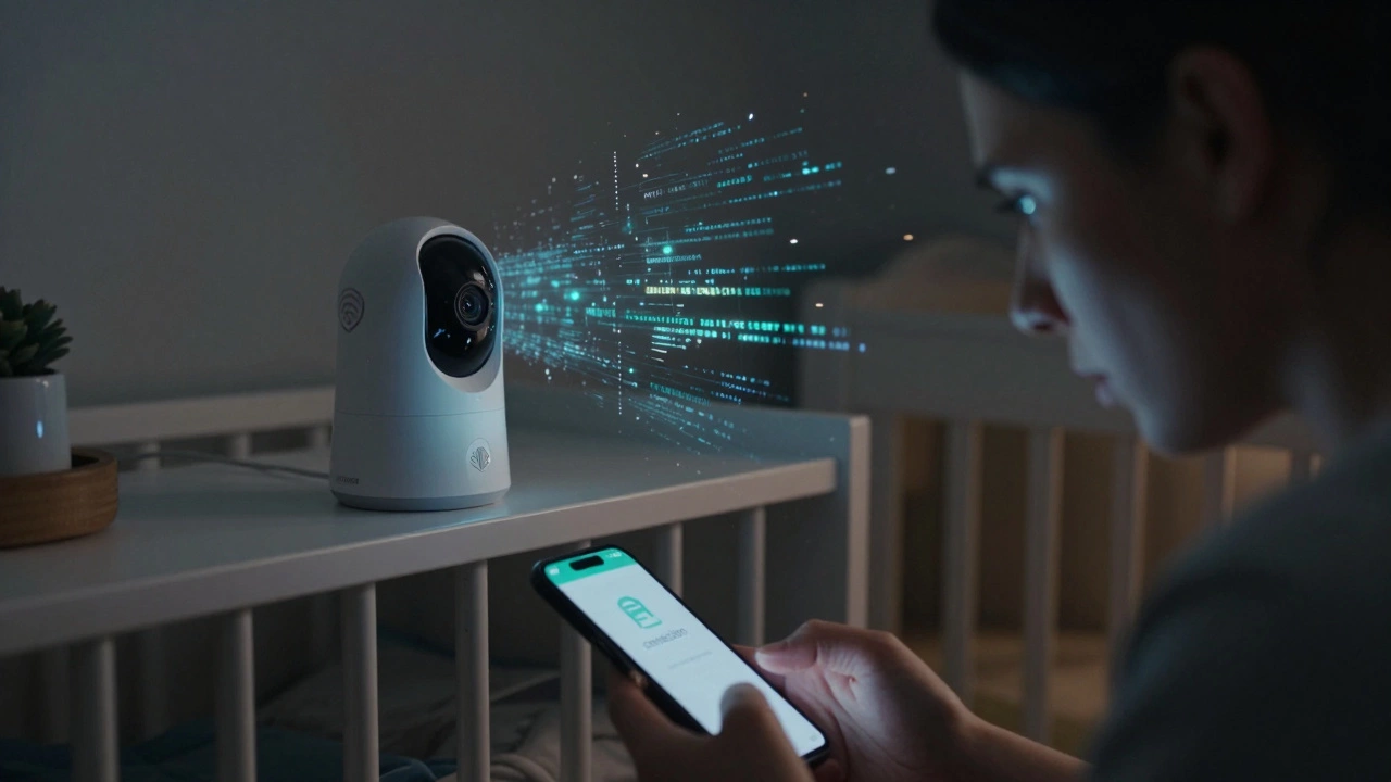 Smart baby monitor emitting digital data streams symbolizing cybersecurity risks.
