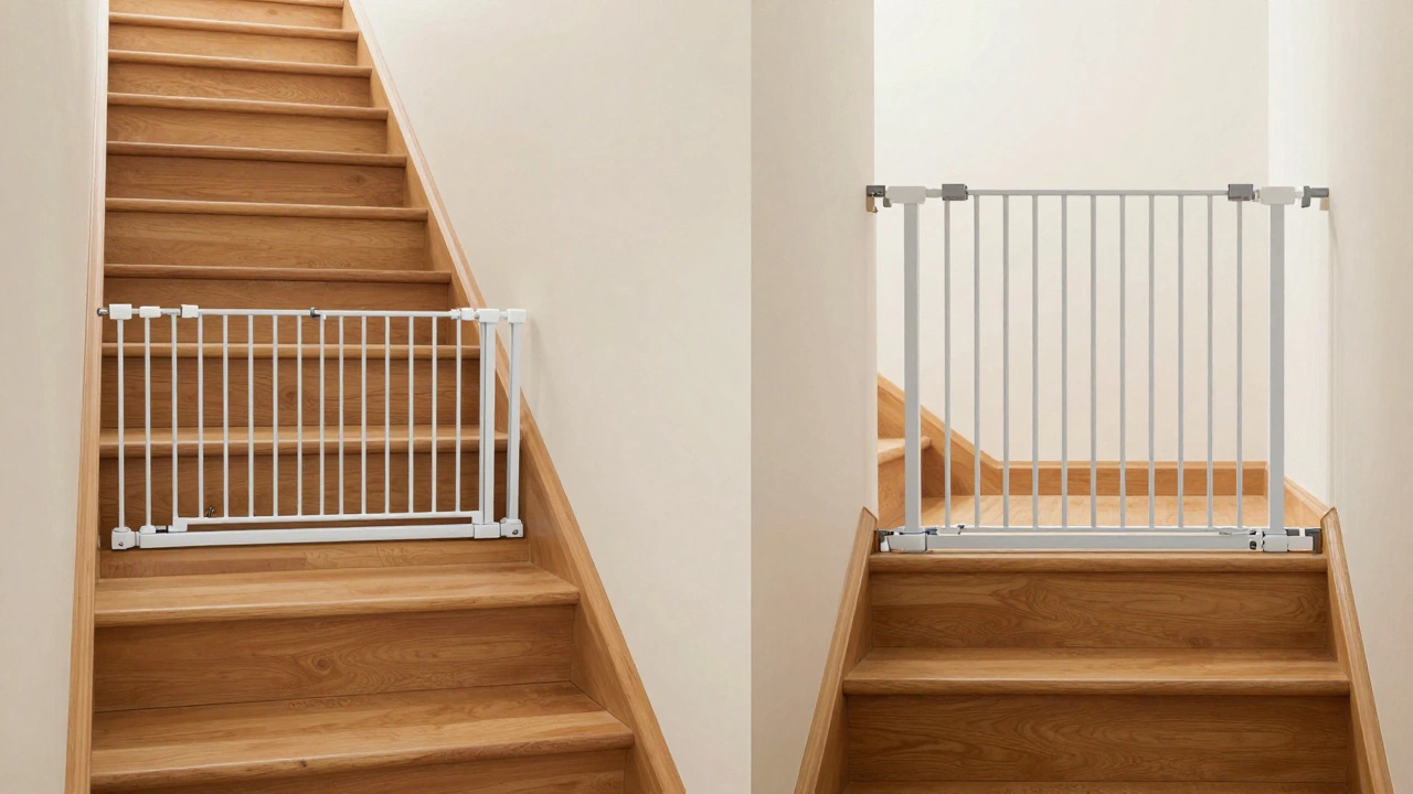 Split view showing unstable pet gate vs secure hardware-mounted baby gate on stairs.