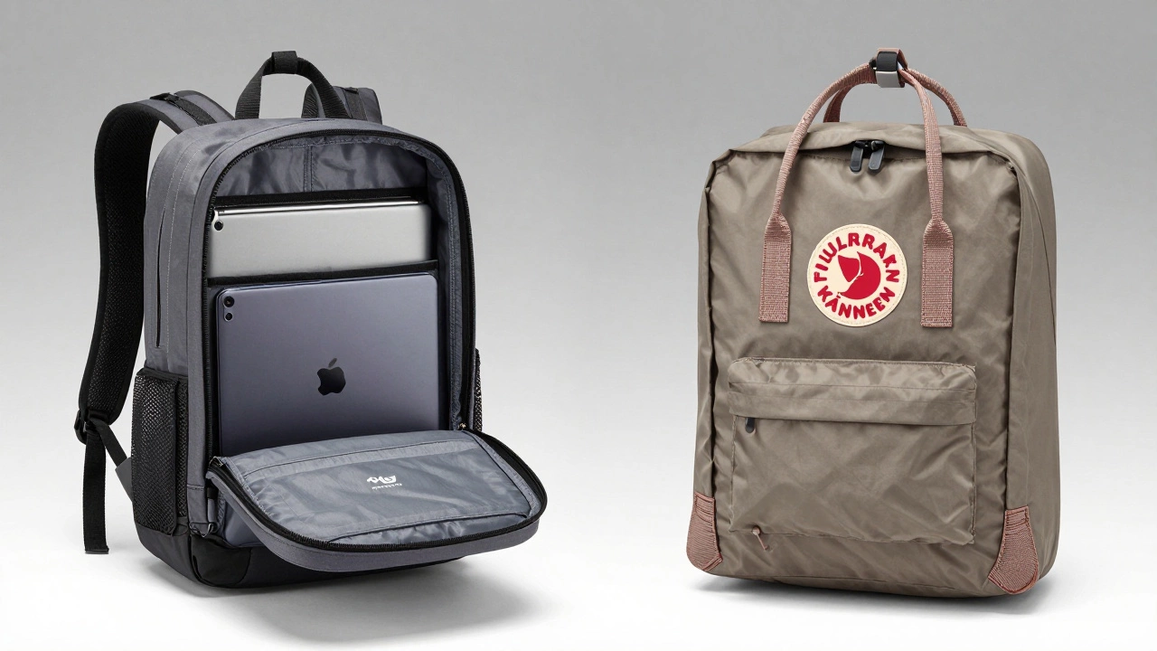 SwissGear tech backpack and Fjällräven Kånken side by side comparison