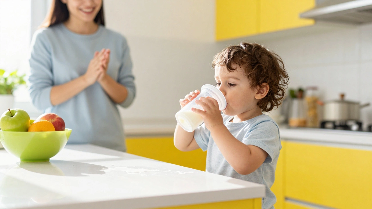Toddler proudly drinking from open cup with slight spill