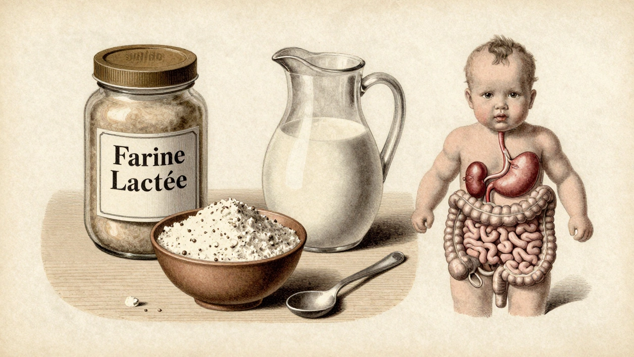 Vintage illustration of early formula ingredients like flour and condensed milk.