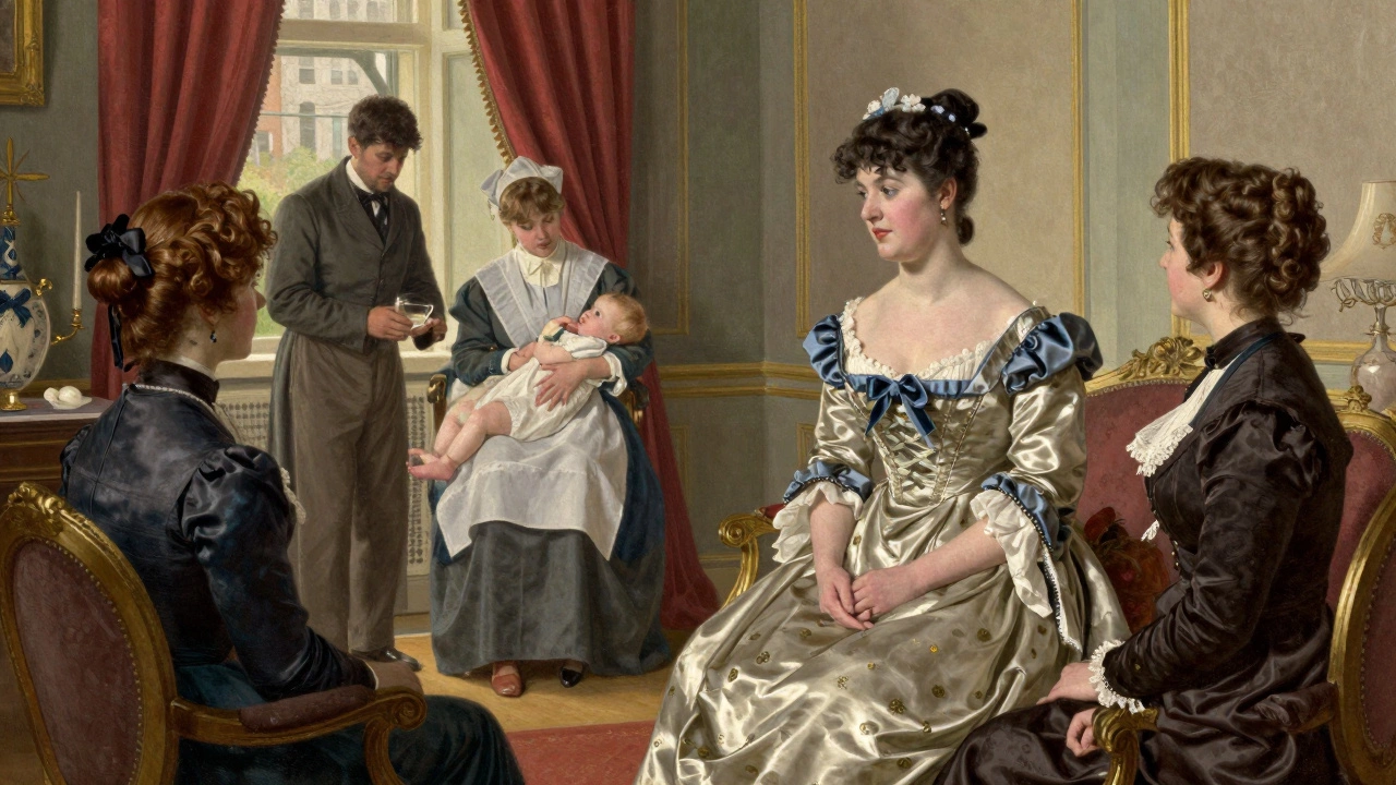 Wealthy woman socializing while a wet nurse feeds her baby in the background.