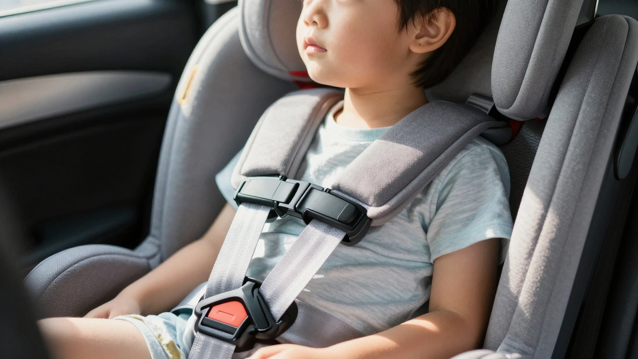 Child secured in forward-facing harness car seat