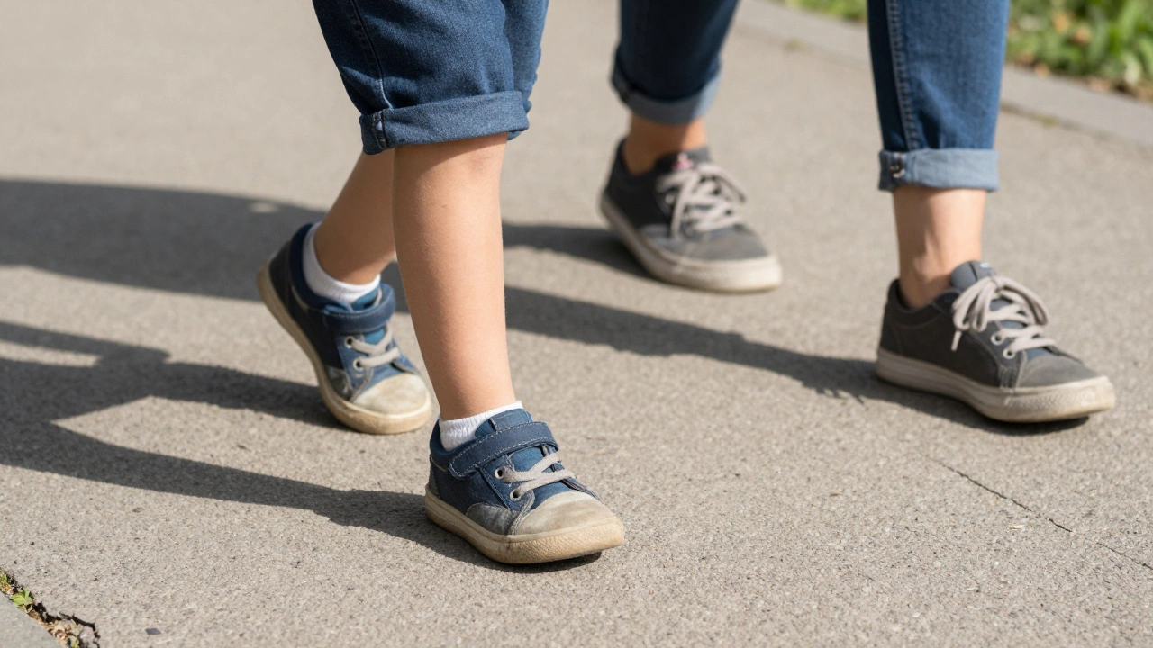 Comparison of child and adult footprints on pavement showing stride differences.