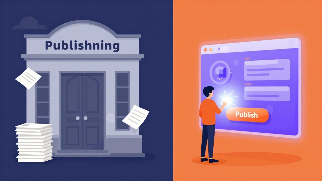 Conceptual art comparing traditional vs self-publishing paths for kids