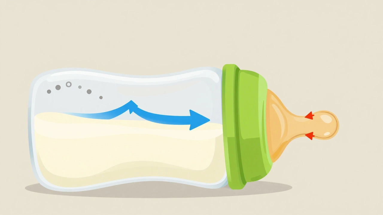 Diagram showing how the green valve allows air into the bottle without mixing with milk