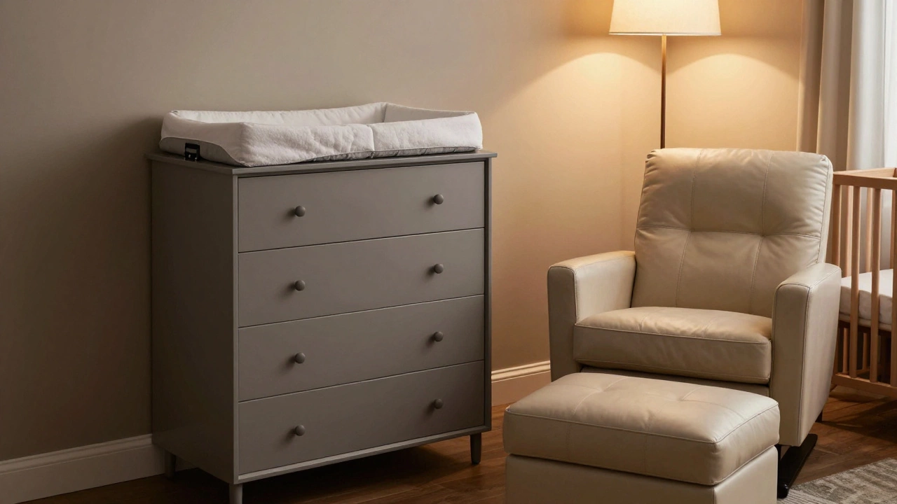 Dresser changing station and glider chair in a cozy nursery