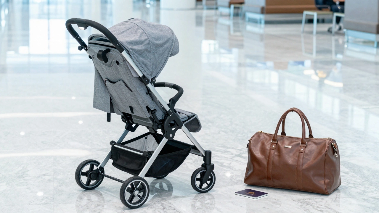 Folded Maclaren stroller with travel gear in airport lounge