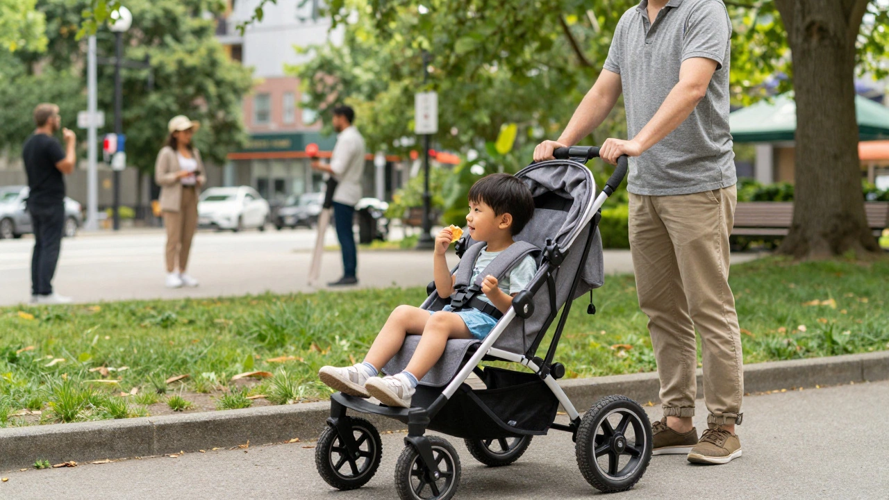 Happy child secured in a heavy-duty stroller enjoying a sunny day in the park.