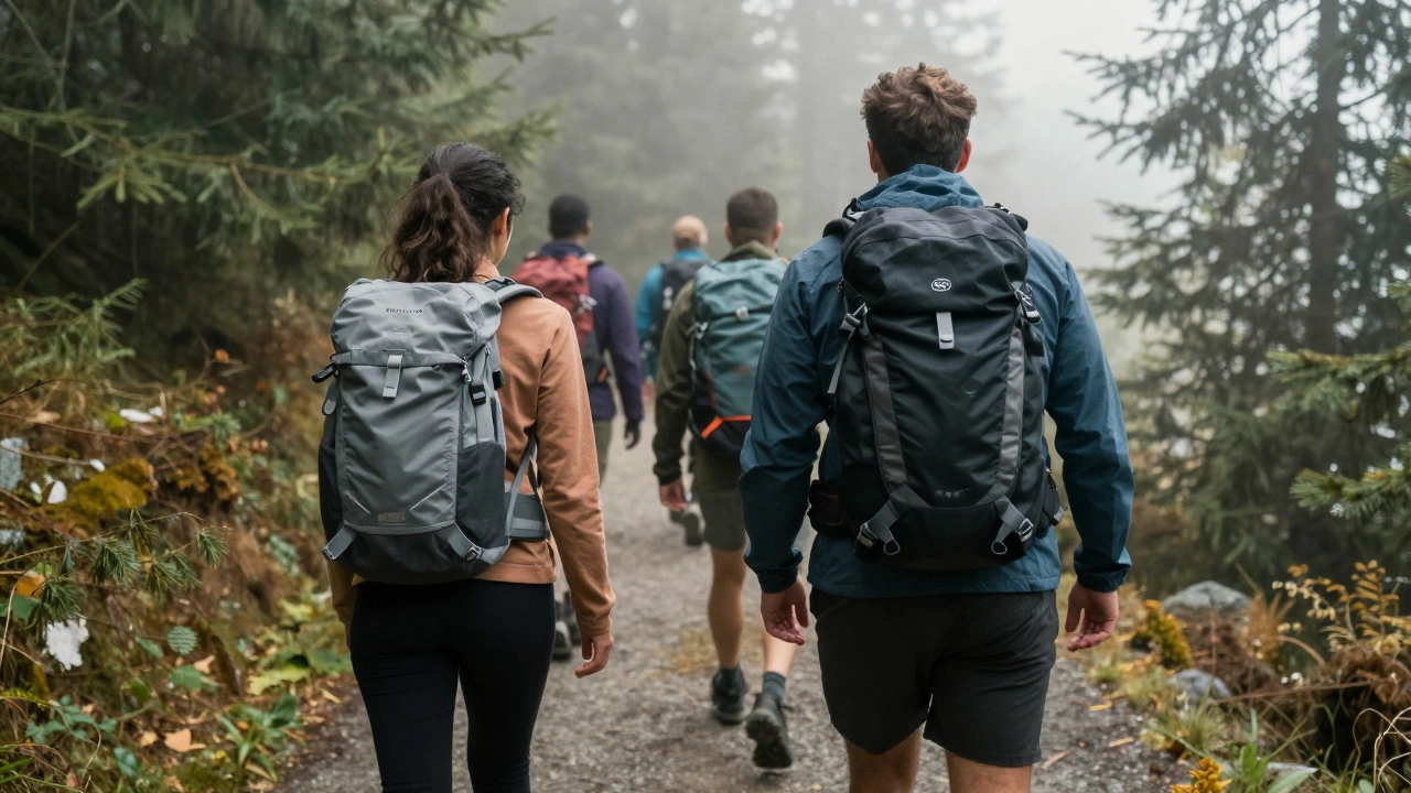 Hikers wearing properly fitted North Face Borealis backpacks on a misty mountain trail in Vancouver