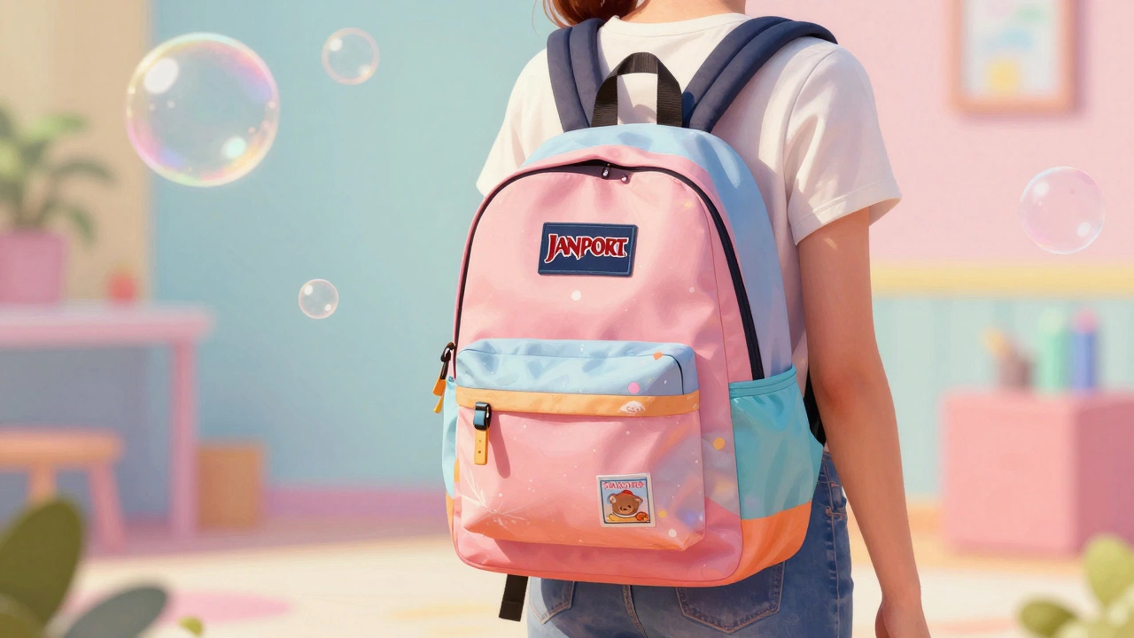 Illustration of an adult with a colorful nostalgic mini backpack in a whimsical setting.