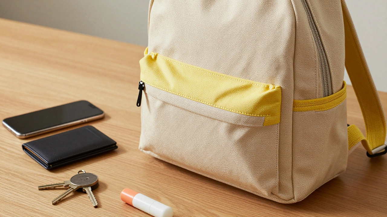 Minimalist setup showing essentials fitting inside a durable mini backpack.