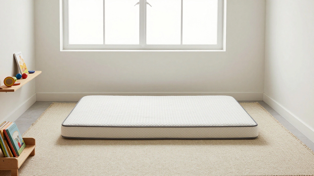 Montessori style twin mattress on floor rug in bright minimalist room