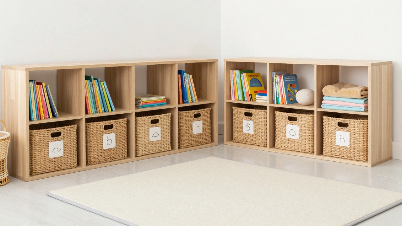 Organized nursery shelves with baskets and open floor space