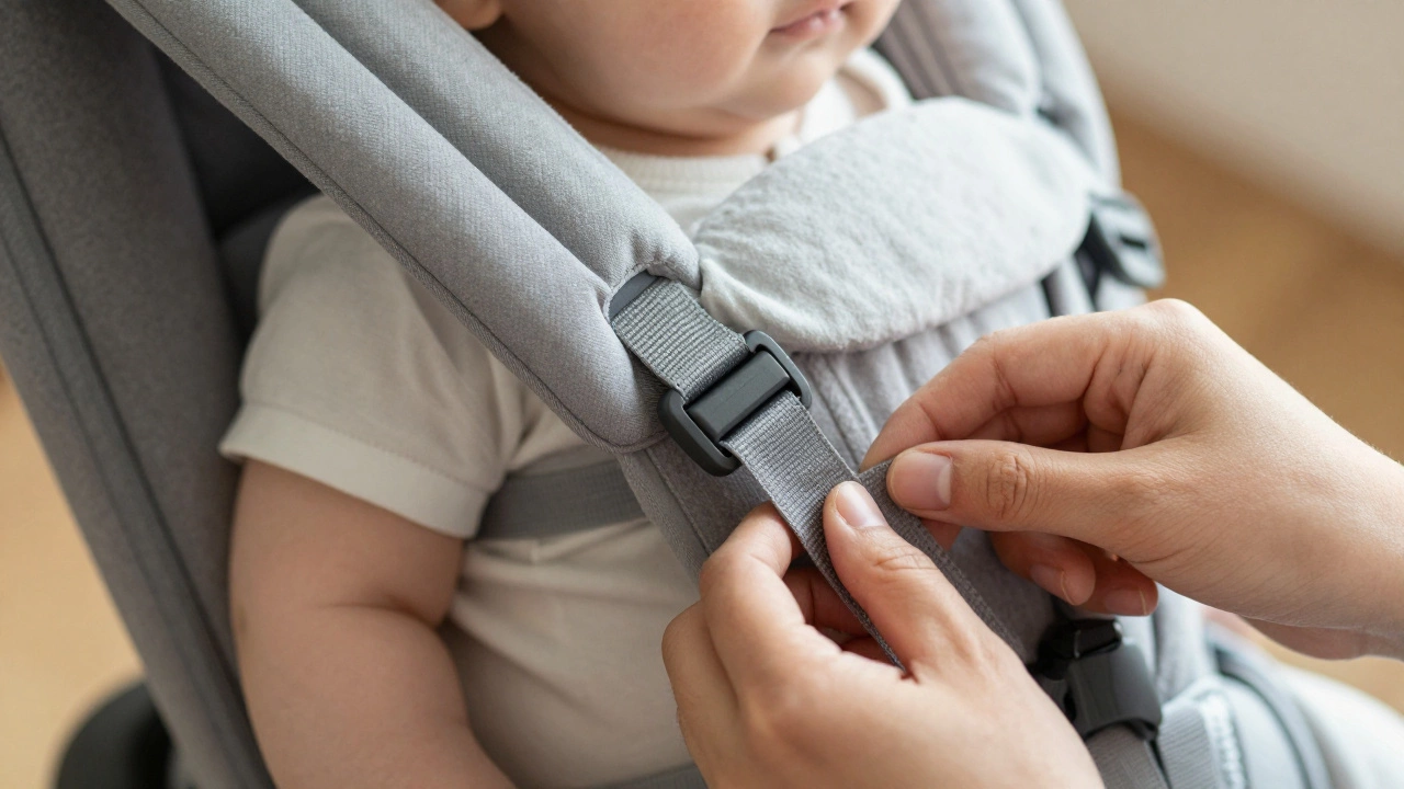 Parent adjusting baby carrier straps safely
