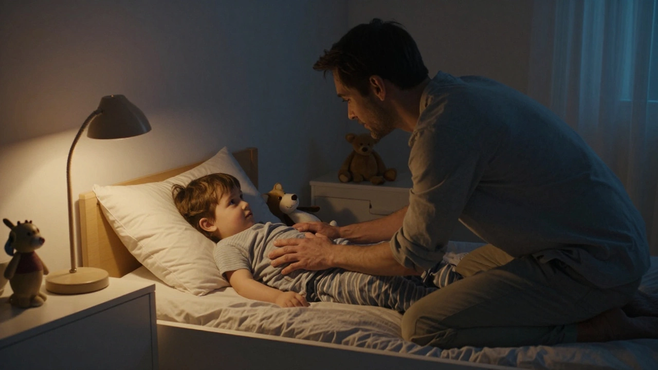 Parent comforting toddler in low bed during nighttime transition