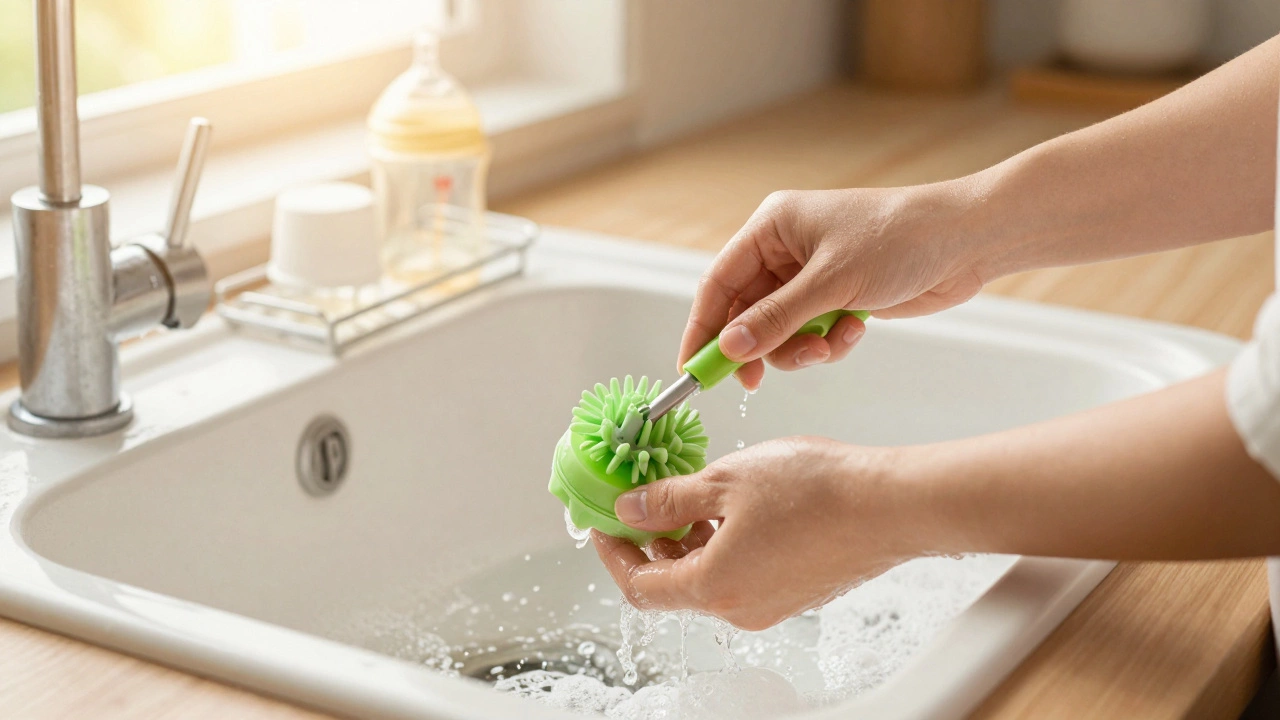 Parent hand-washing the green silicone valve of a baby bottle in a sink