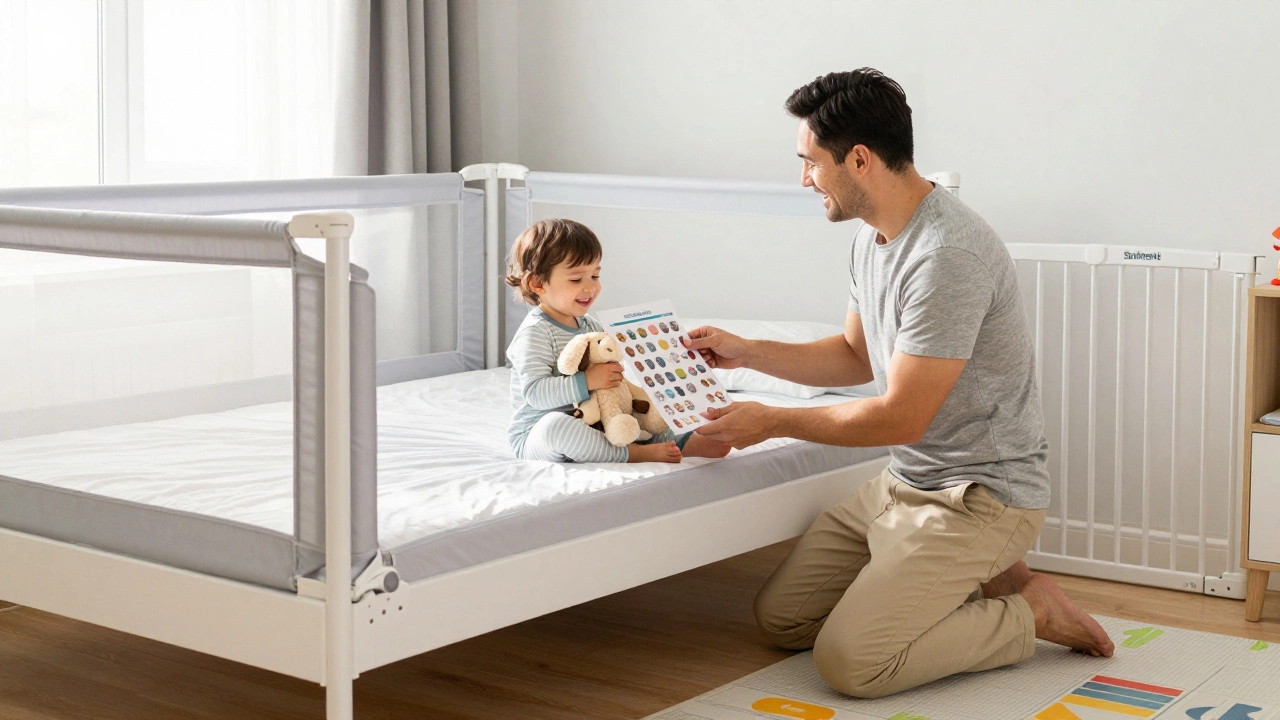 Parent helping toddler sit on new bed with sticker chart reward