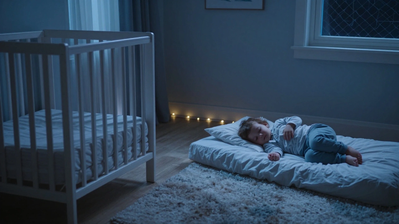 Sleepy toddler on low floor bed in moonlit, secure room