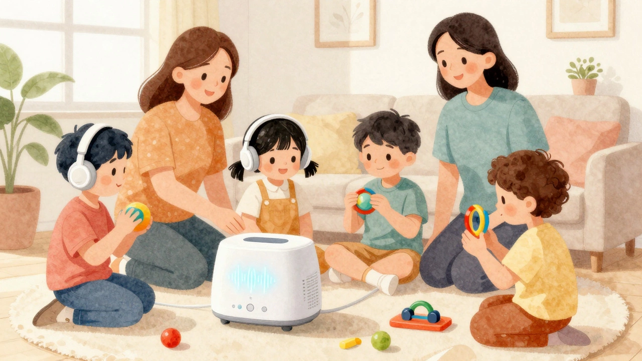 Watercolor illustration of children using sensory tools at home