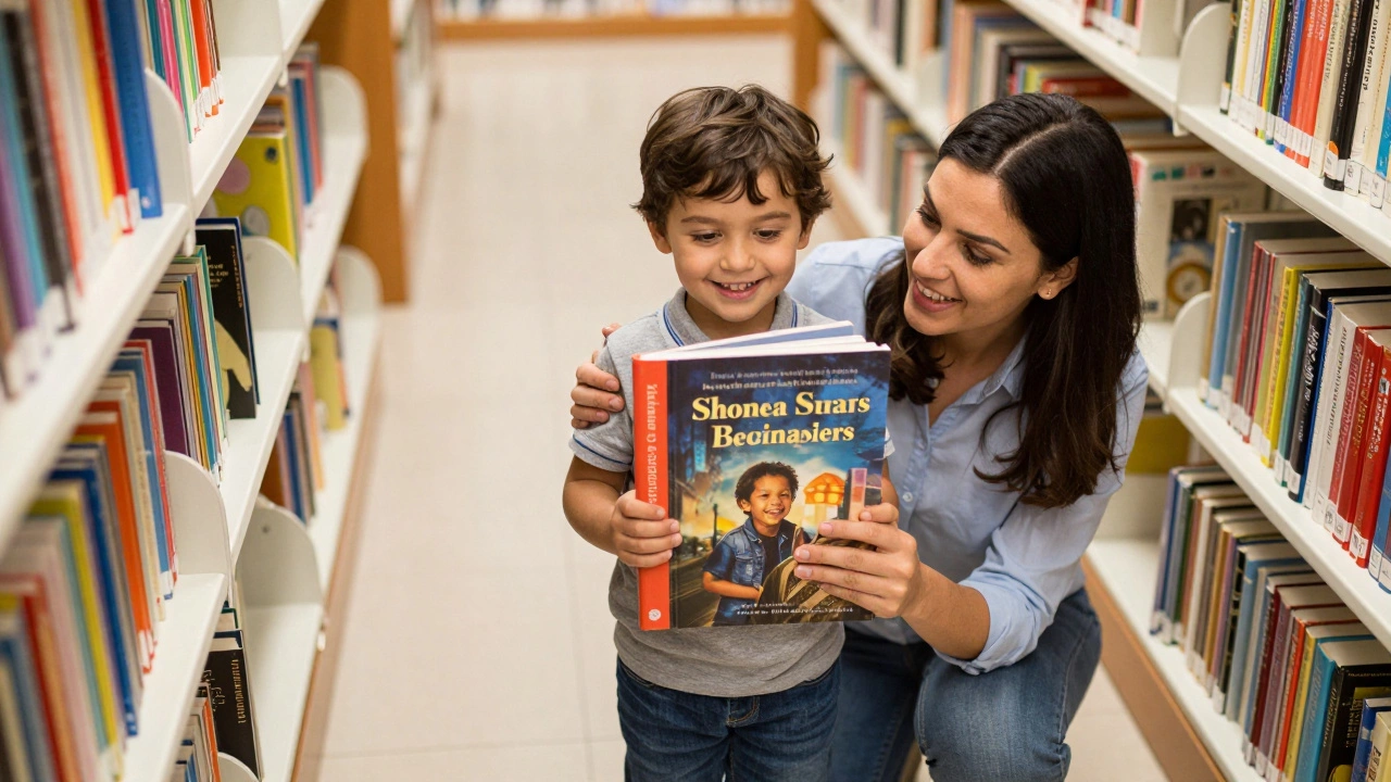 Young author proudly holding their first published book in a library