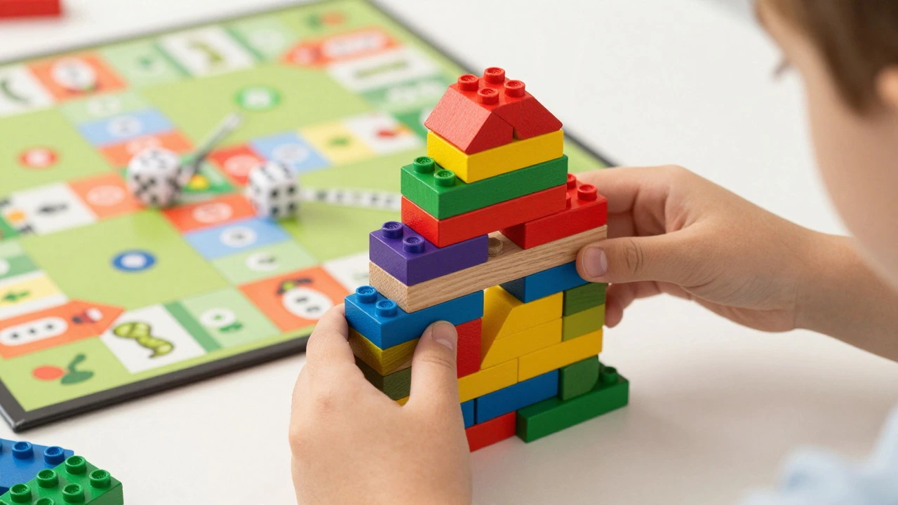 Child's hands building with blocks and playing board games to build focus