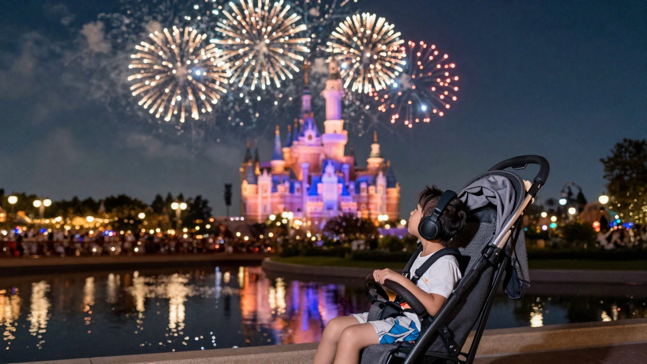 Child watching fireworks from a stroller at Disney World