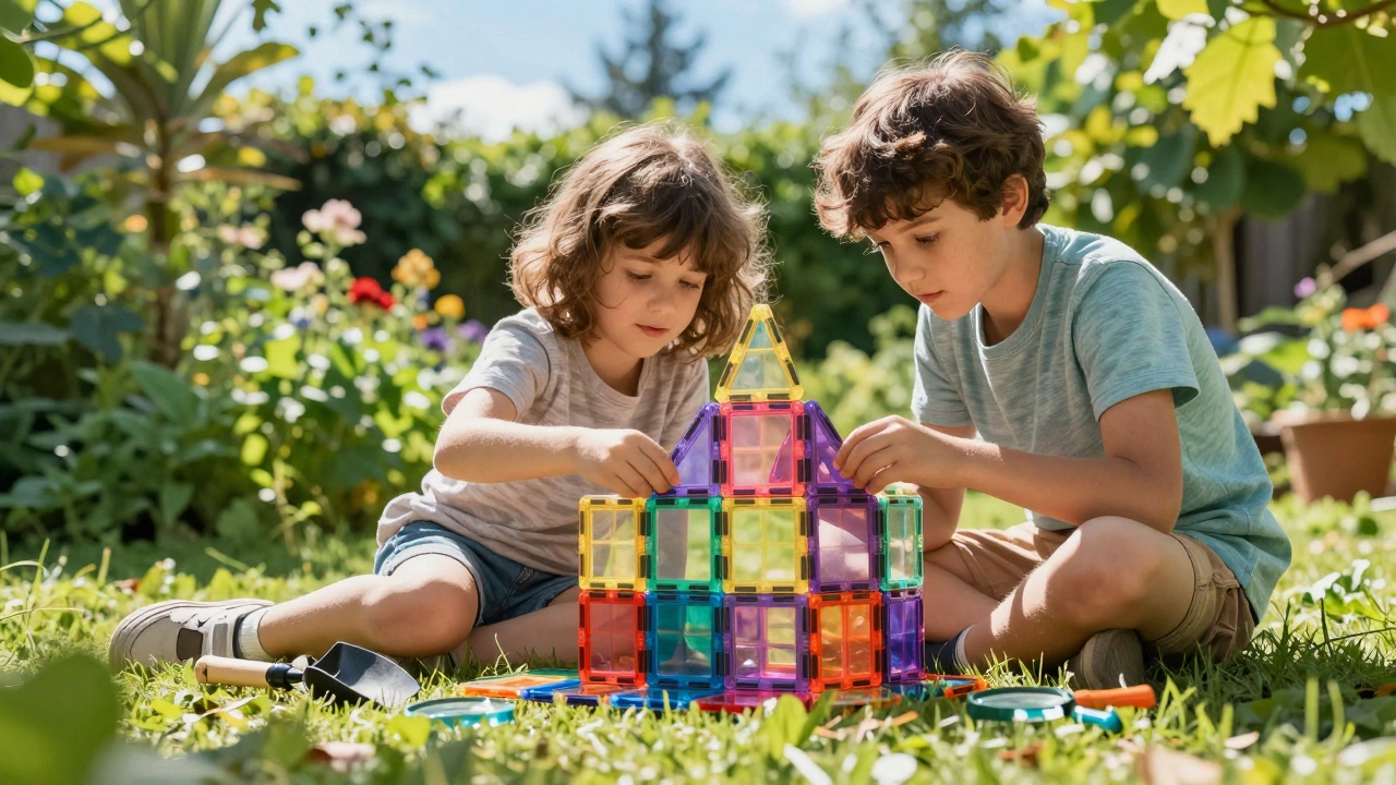 Children building with magnetic tiles in a sunny garden