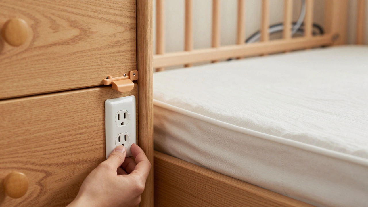 Close up of secured furniture and safe electrical outlets