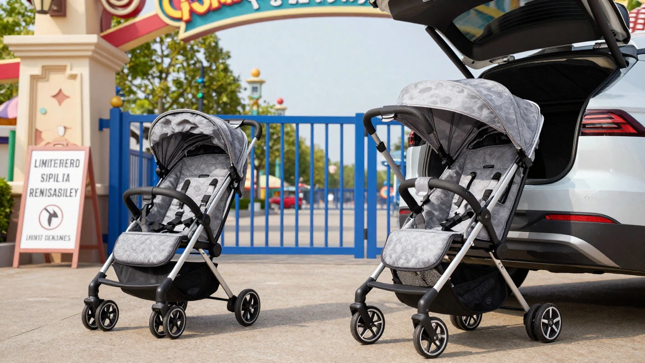 Comparison of rental vs personal stroller at theme park gate