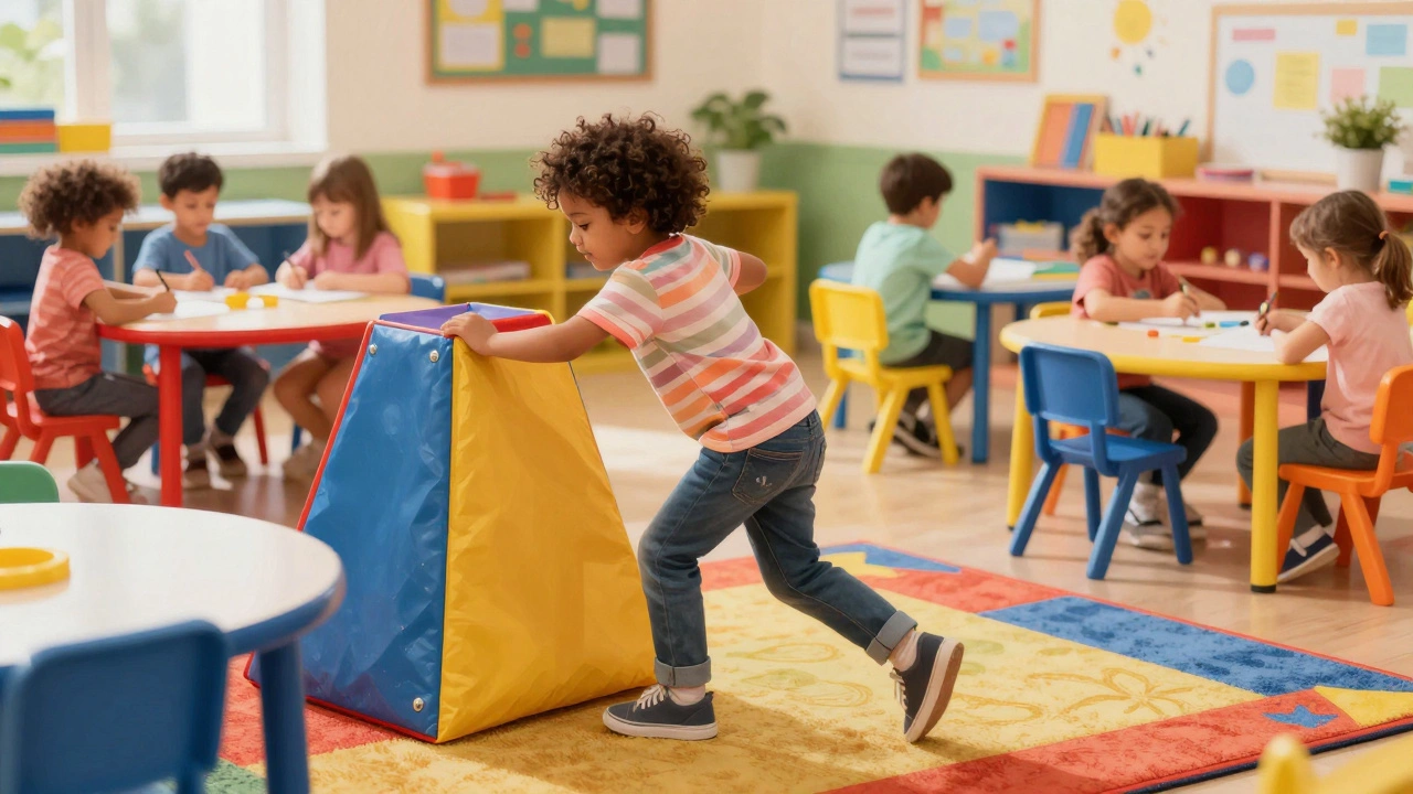 Energetic preschool child moving actively in classroom