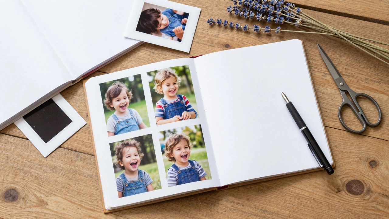 Flat lay of scrapbooking supplies, photos, and an open album on a wooden desk