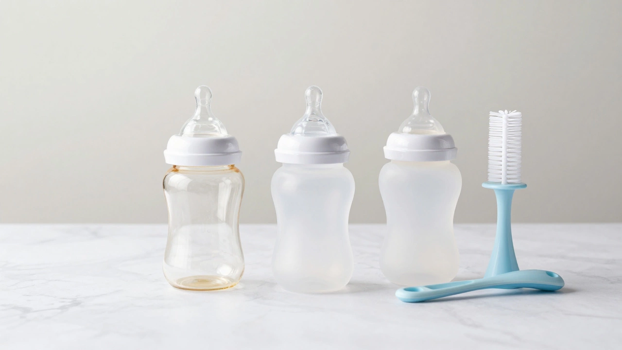 Glass, plastic, and silicone baby bottles displayed on a white surface for material comparison.