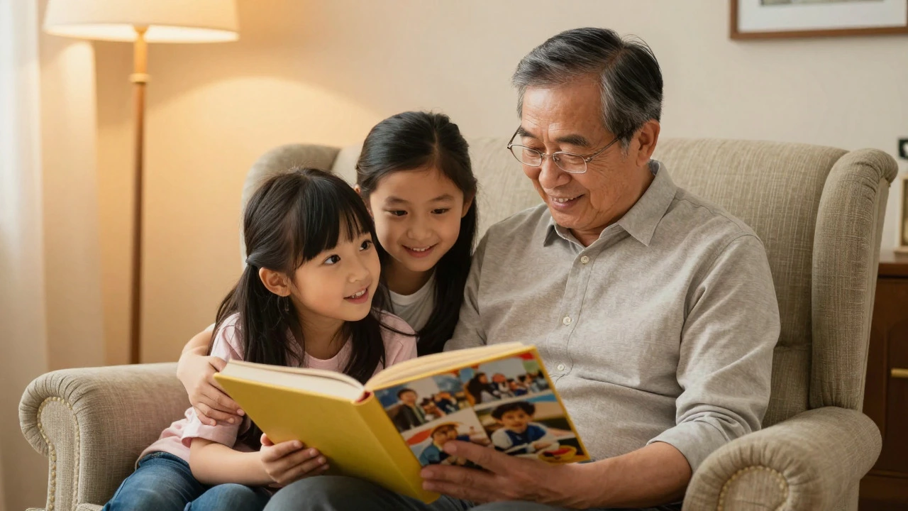 Grandfather reading a memory book to smiling grandchildren in a cozy room