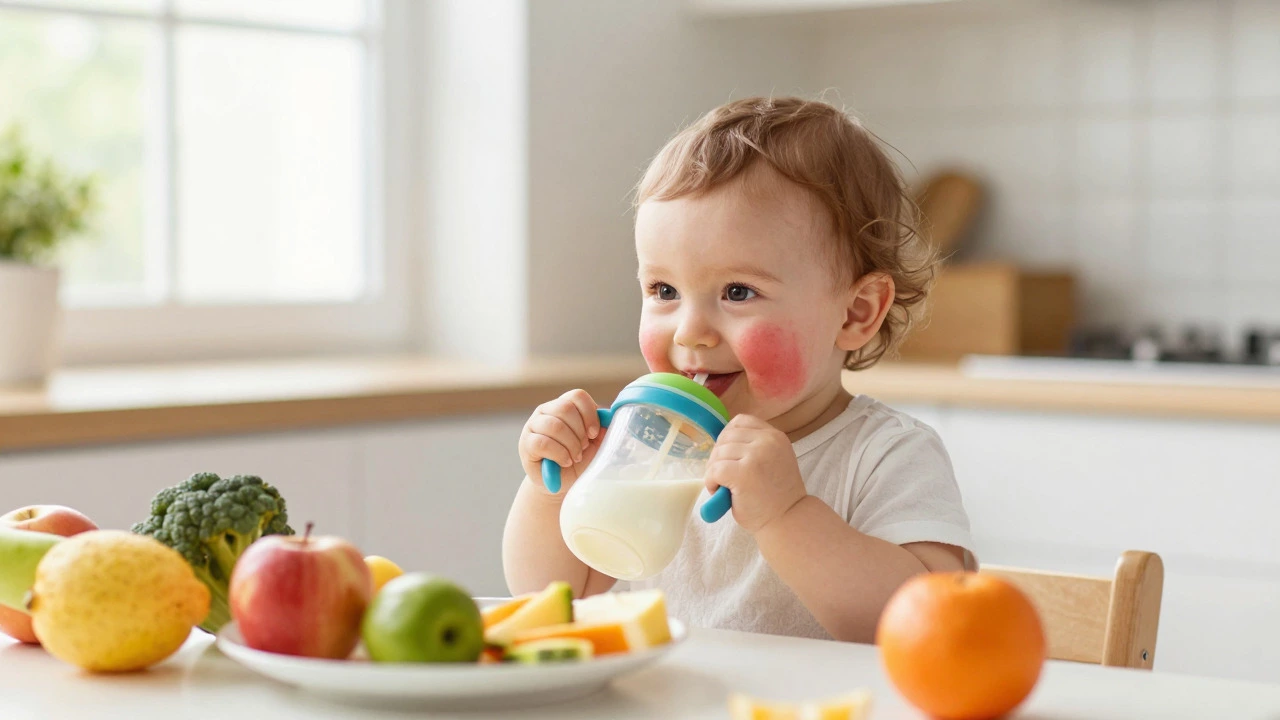Happy one-year-old toddler drinking milk from sippy cup with healthy food