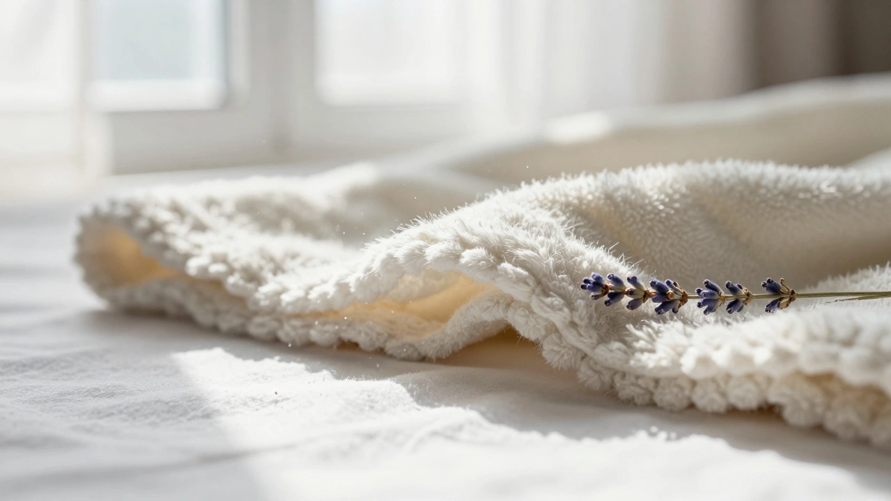 Macro shot of textured vintage baby blanket in natural sunlight