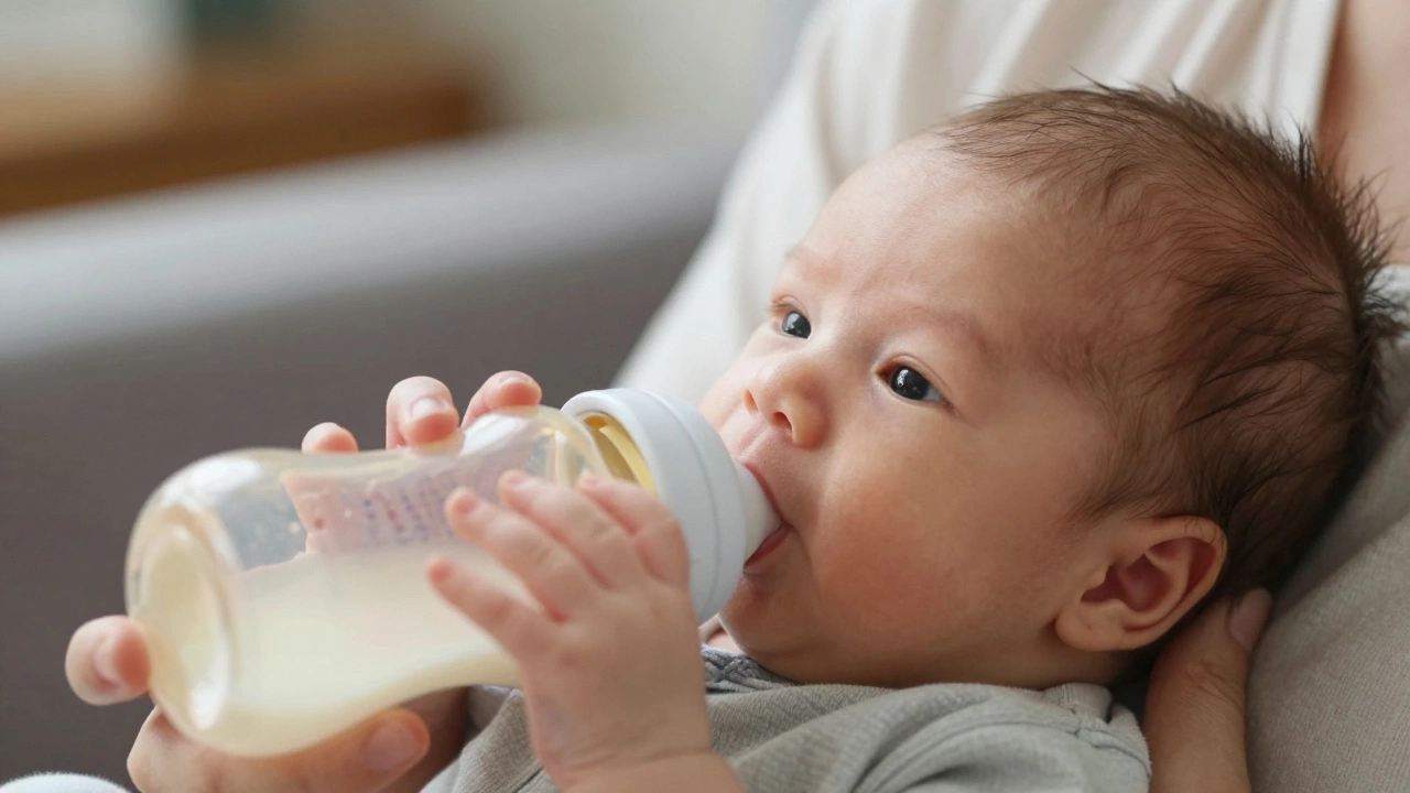 Newborn baby calmly drinking milk from a 4-ounce bottle with a slow-flow nipple.