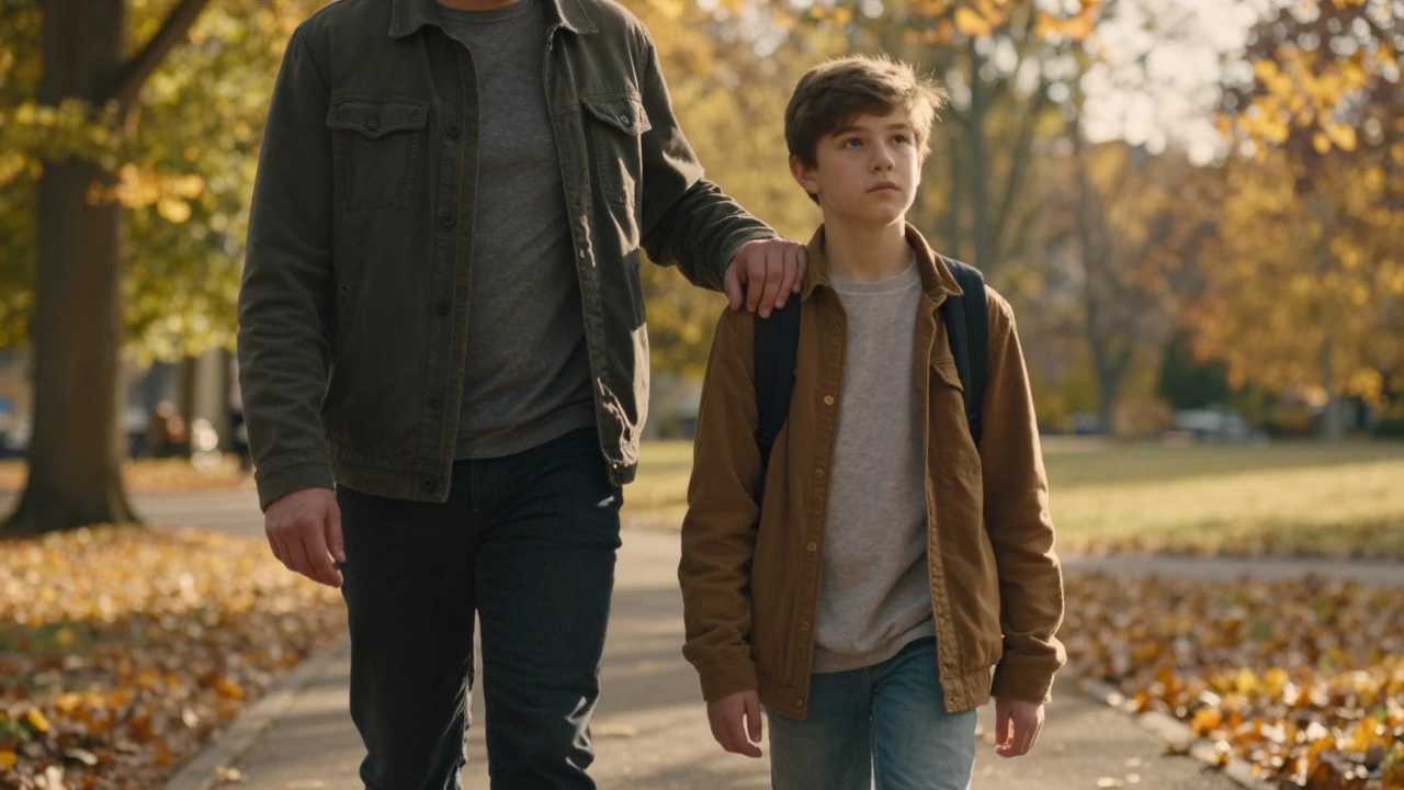 Parent guiding a teenager through a park, symbolizing mentorship and growth
