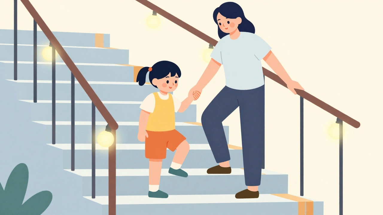 Parent teaching preschooler to climb stairs safely with handrail