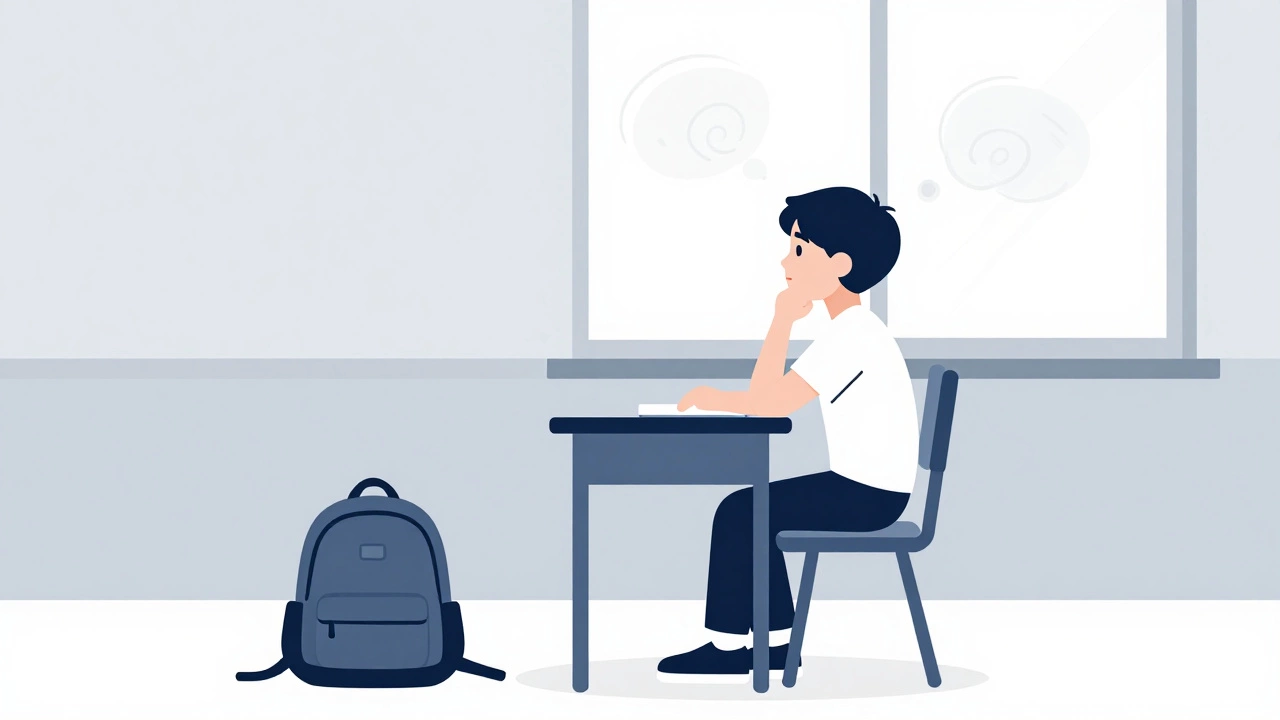 School-aged child daydreaming at desk with scattered items