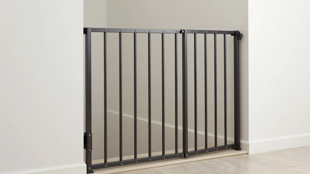 Secure hardware-mounted safety gate installed at top of staircase