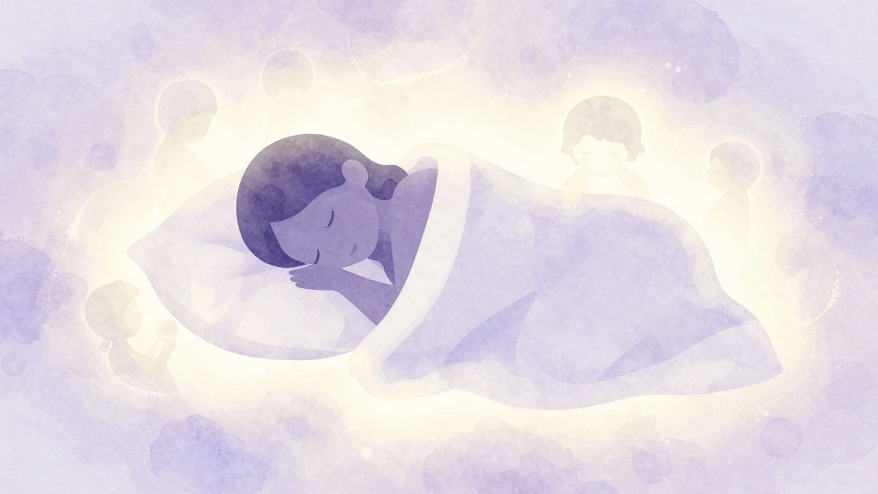 Watercolor illustration of adult sleeping with ghostly child memory aura