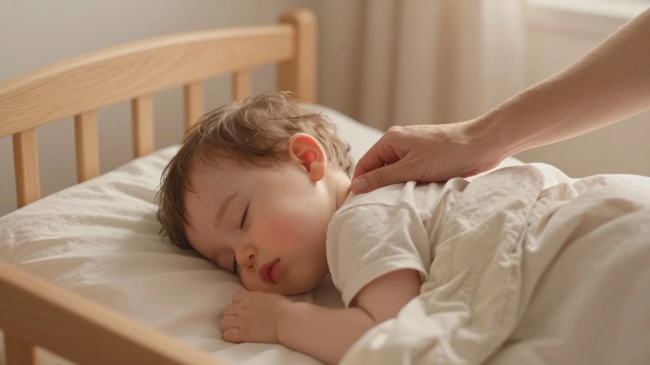 A parent gently checking the back of a toddler's neck to ensure they are not too hot or cold at night.