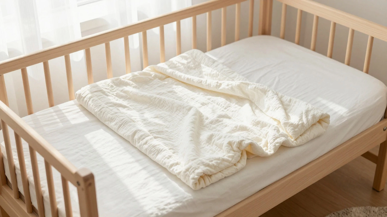 A toddler bed with a lightweight cotton blanket tucked on three sides, leaving the top edge loose.