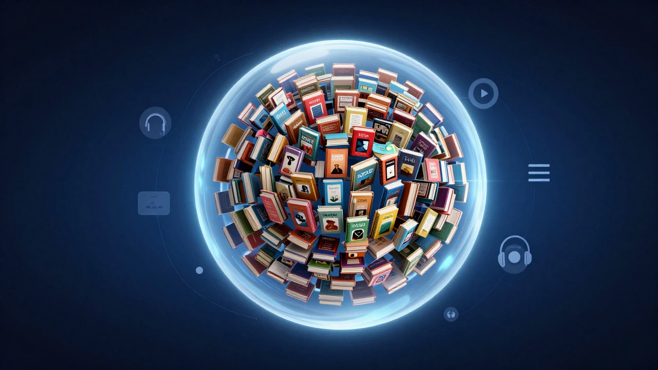 Abstract illustration of a glowing sphere filled with thousands of floating books