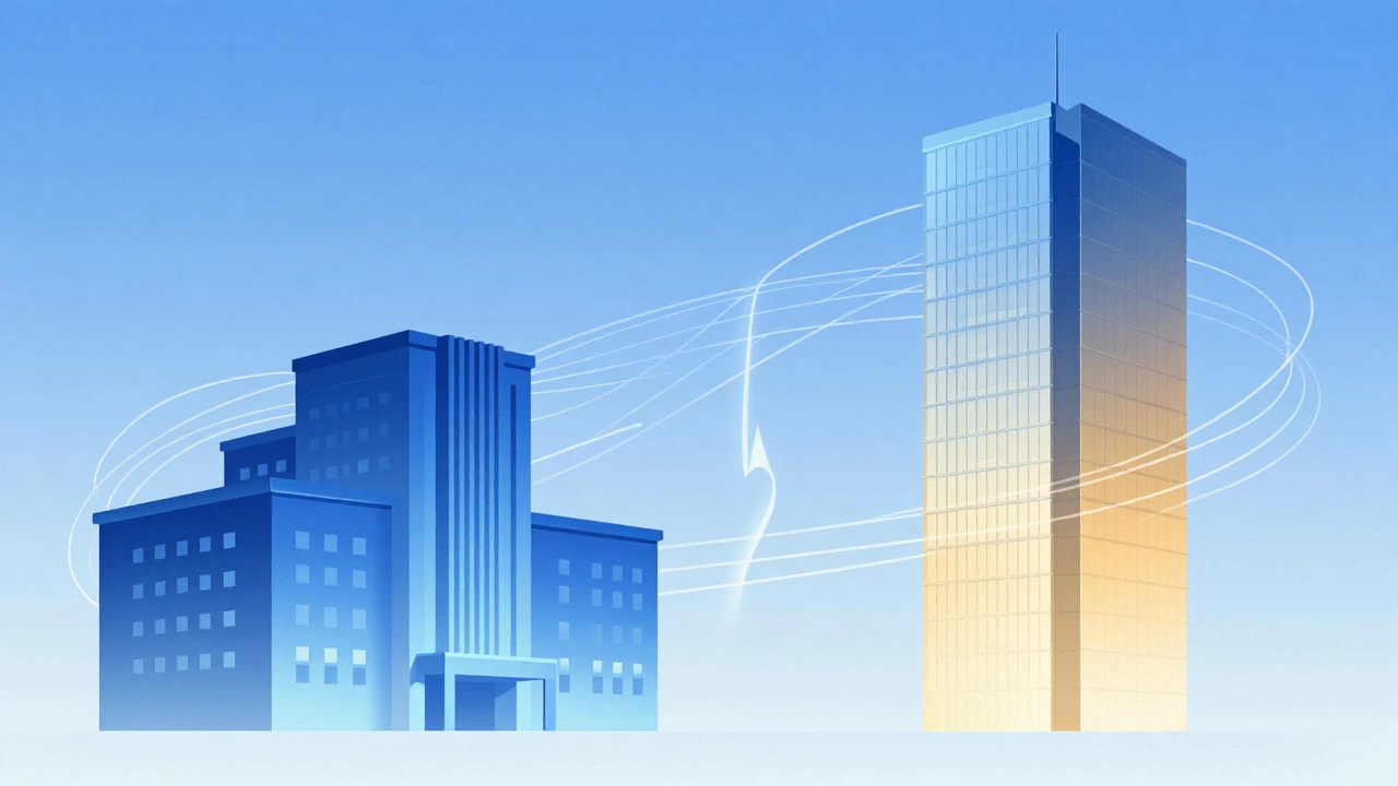Abstract illustration of two separate corporate buildings representing distinct companies