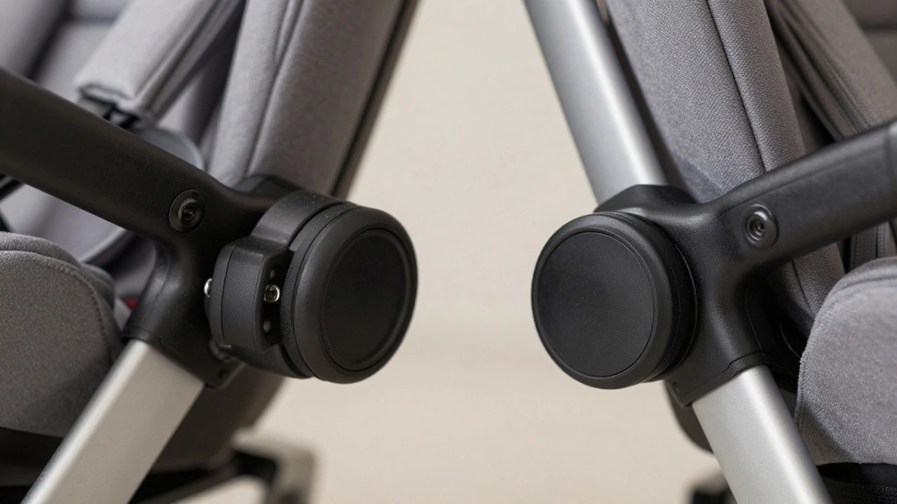 Close-up of incompatible car seat adapters on different stroller frames