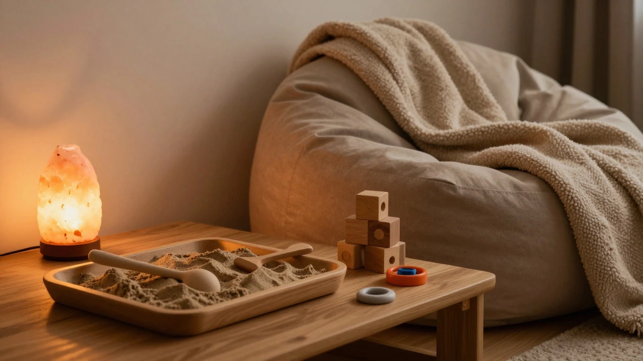 Cozy calm corner with kinetic sand, blocks, and soft lighting