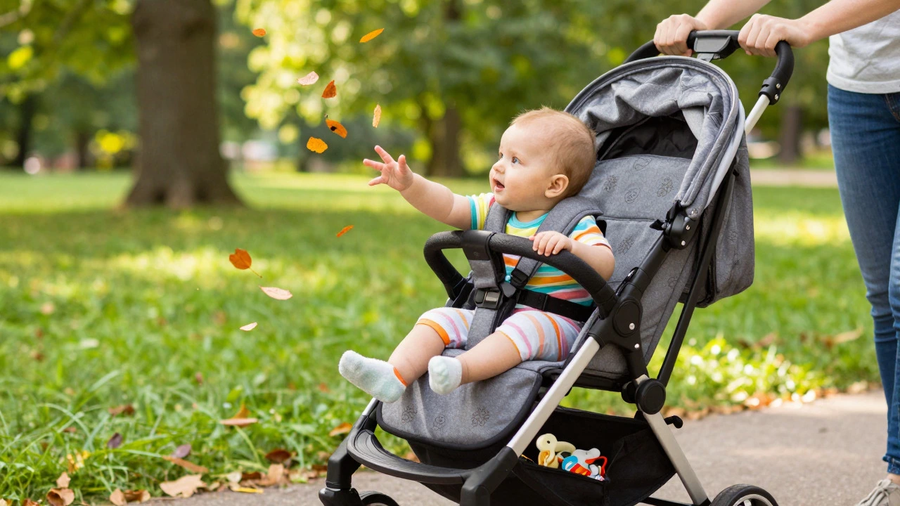Curious baby sitting up in a stroller exploring nature in a sunny park