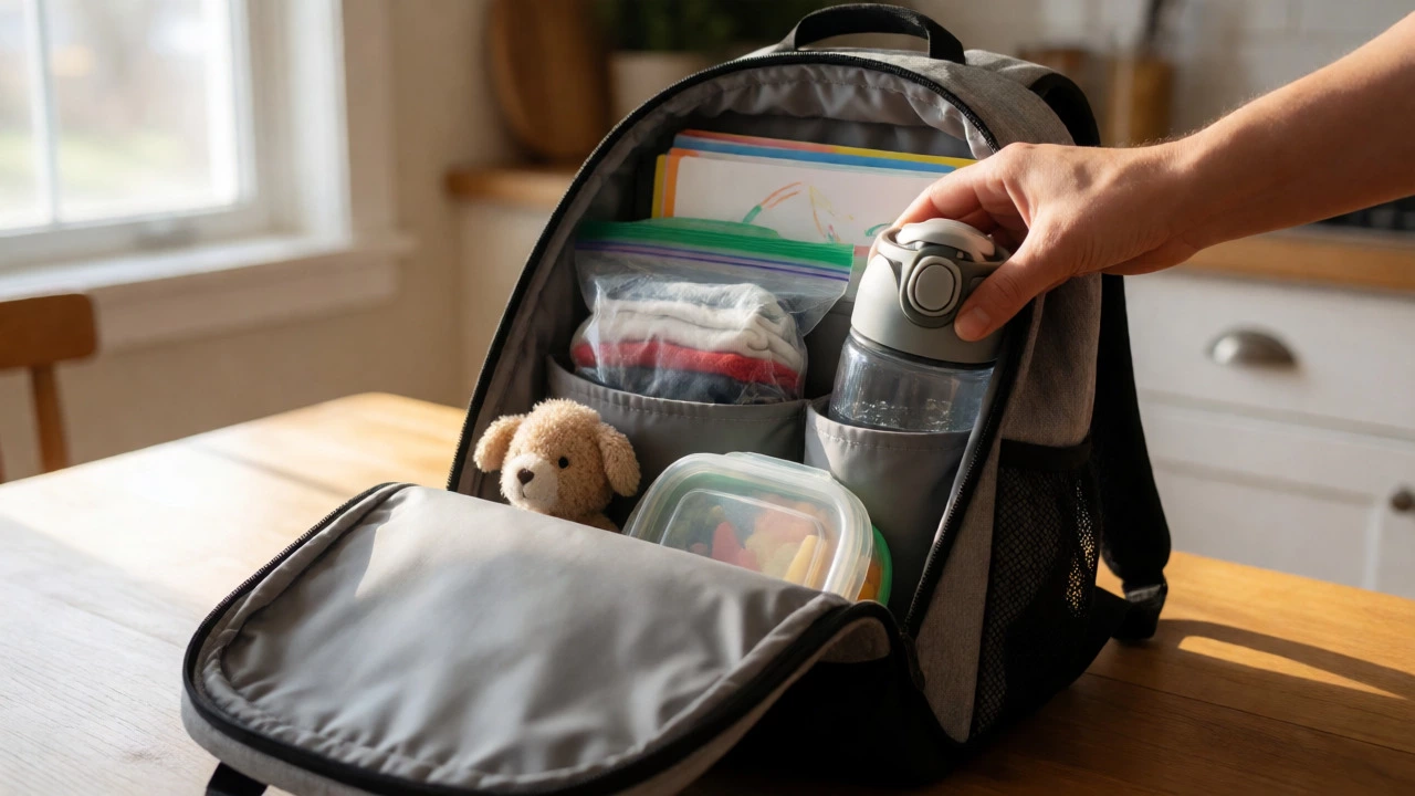 Essential kindergarten items packed in a bag